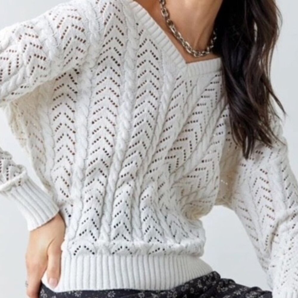 mi ami Francesca's Cable Knit Knotback Sweater Women's S Off White V-Necl L/S - Picture 10 of 10